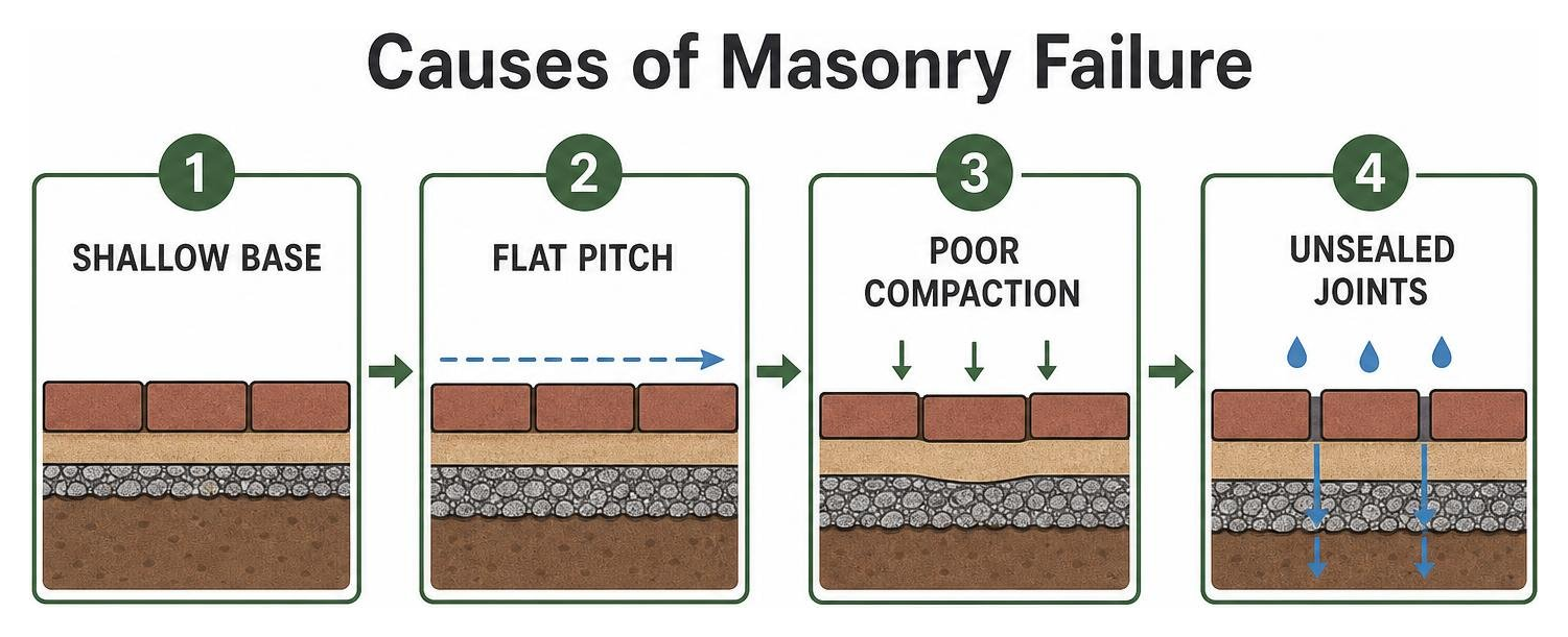 Causes of masonry failure: shallow base, flat pitch, poor compaction, unsealed joints Causes of masonry failure: shallow base, flat pitch, poor compaction, unsealed joints