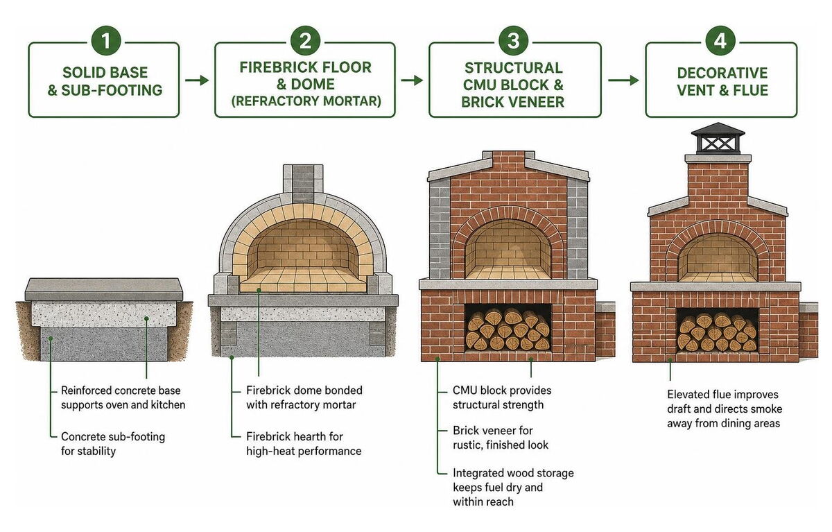 Structural layers of a wood-fired brick pizza oven and outdoor kitchen base