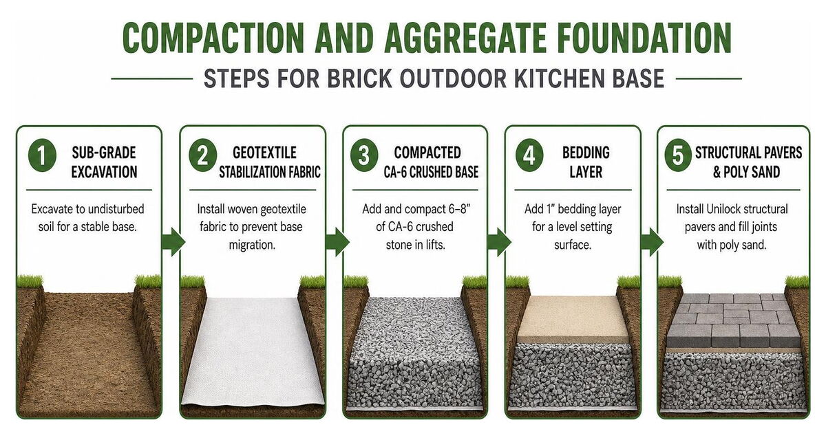 Compaction and aggregate foundation steps for brick outdoor kitchen base
