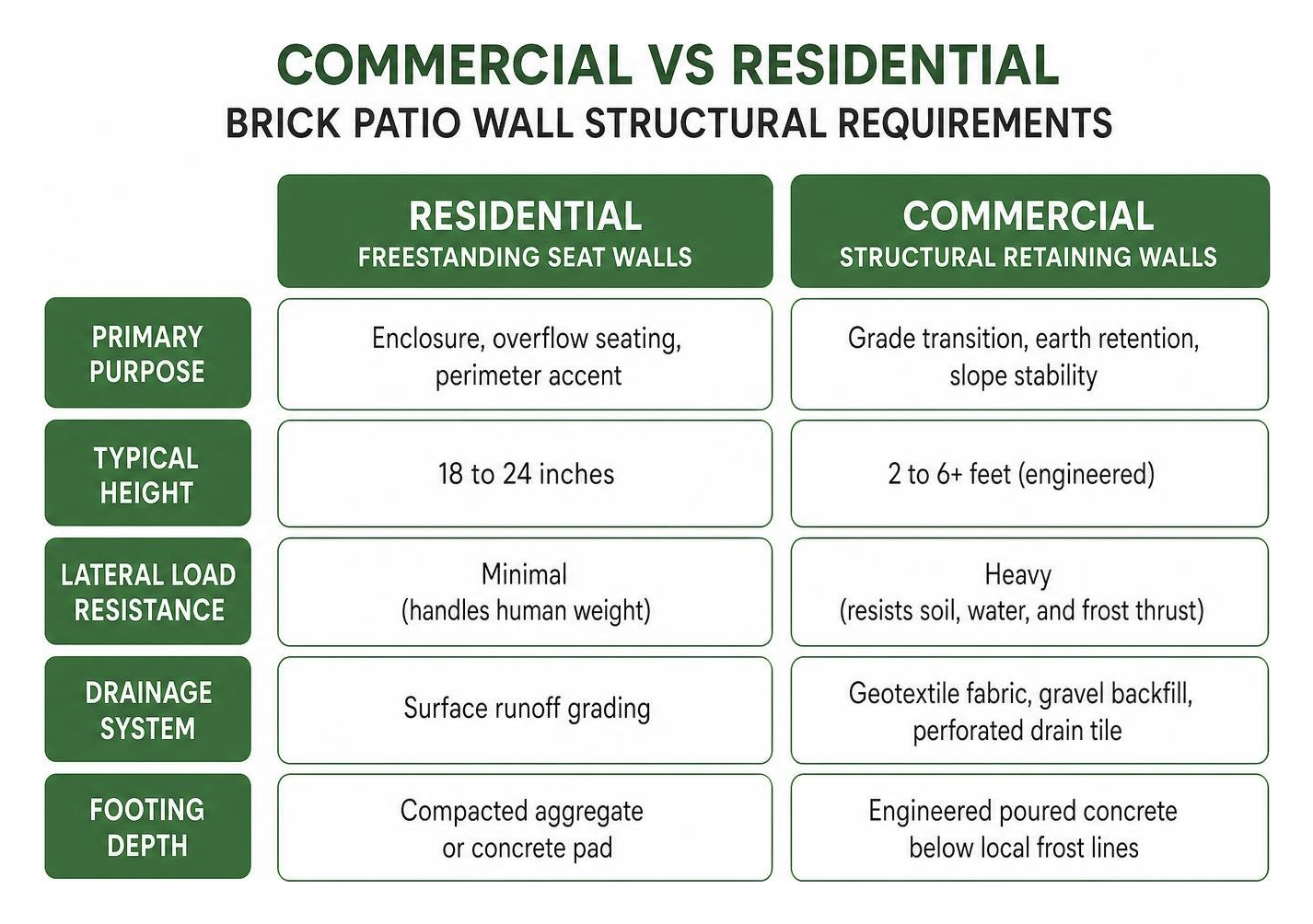 Commercial vs residential brick patio wall structural requirements