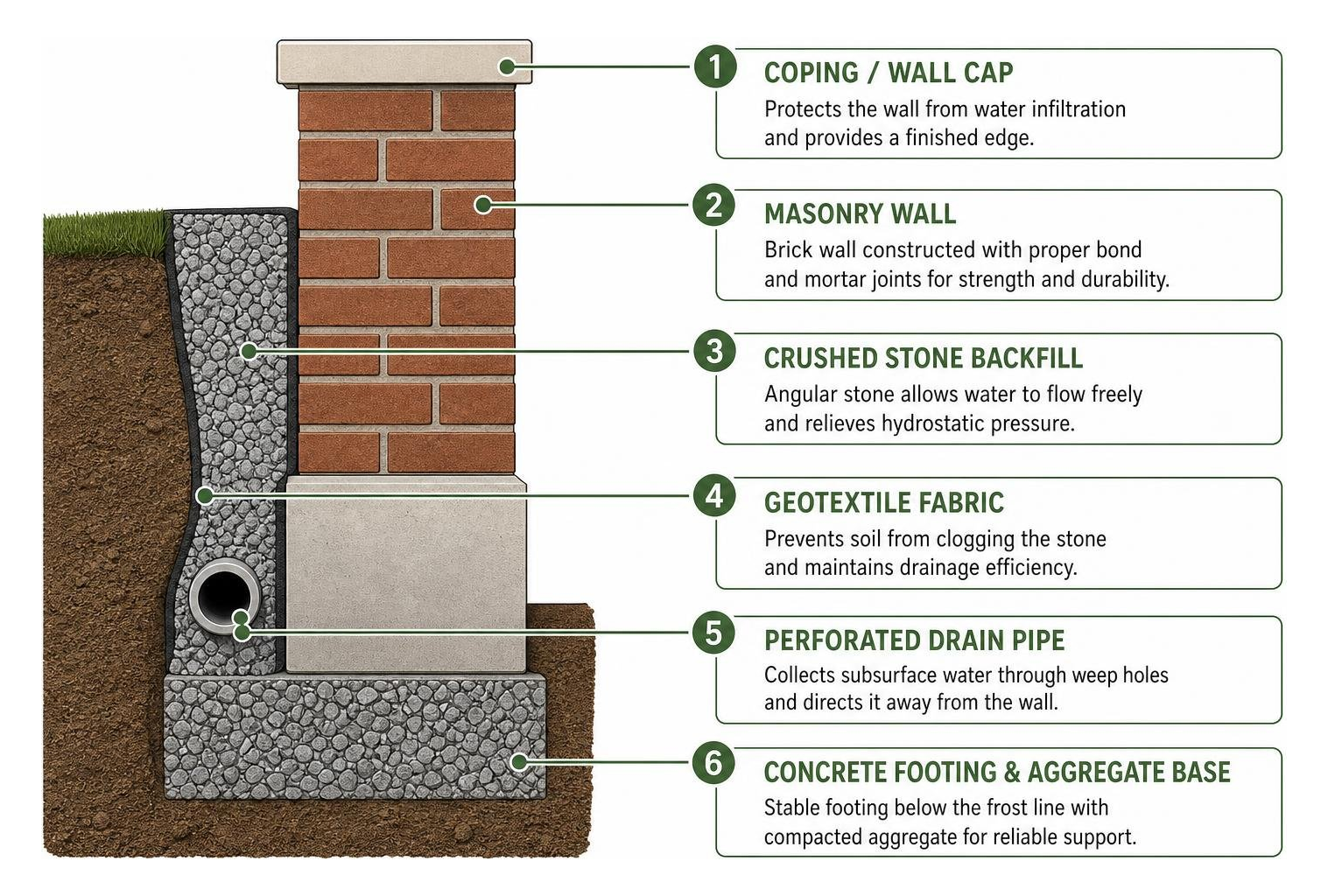 Subsurface wall foundation and drainage layers
