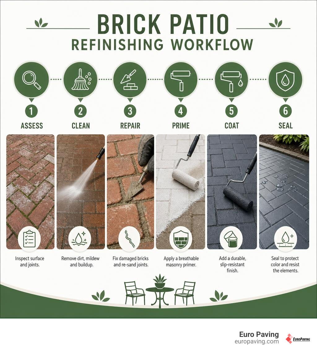 Brick patio refinishing workflow: assess, clean, repair, prime, coat, seal infographic