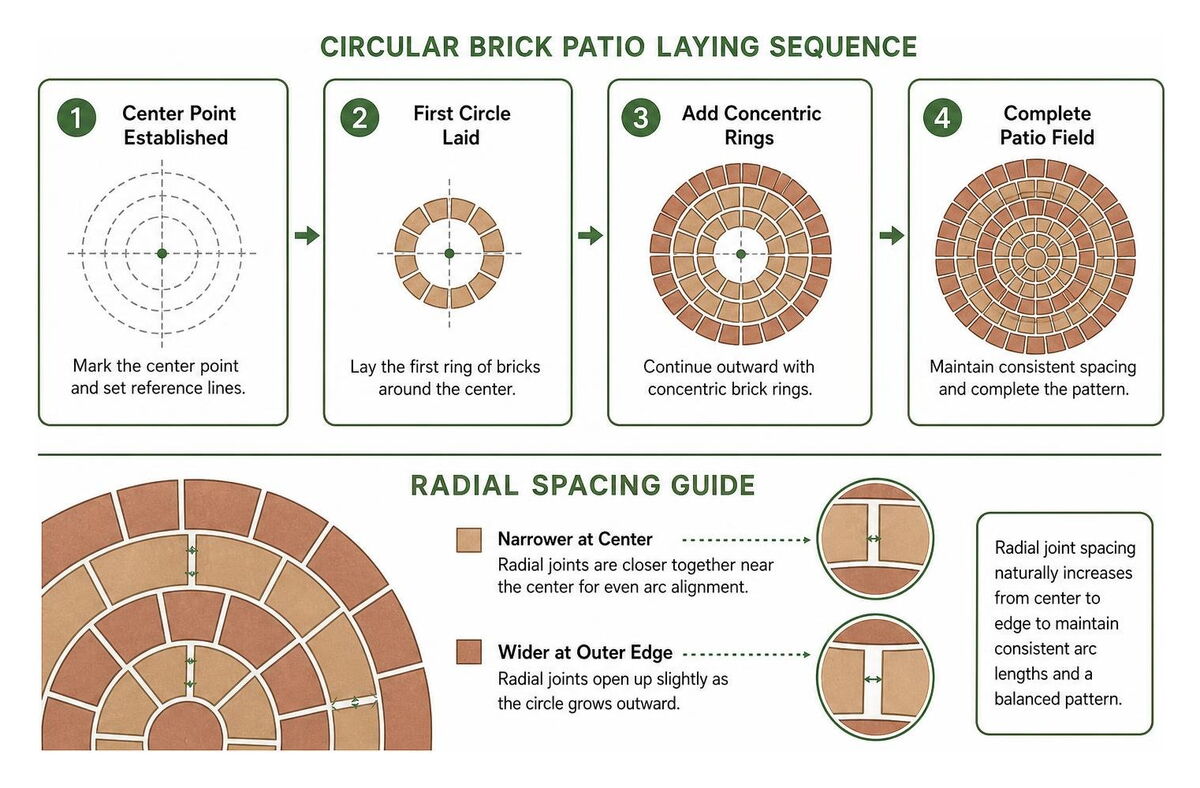 Diagram of circular brick patio laying sequence and radial spacing Diagram of circular brick patio laying sequence and radial spacing
