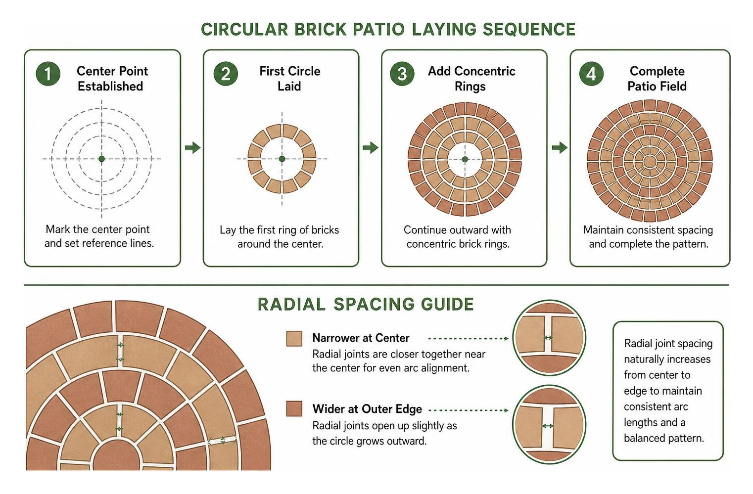 Diagram of circular brick patio laying sequence and radial spacing