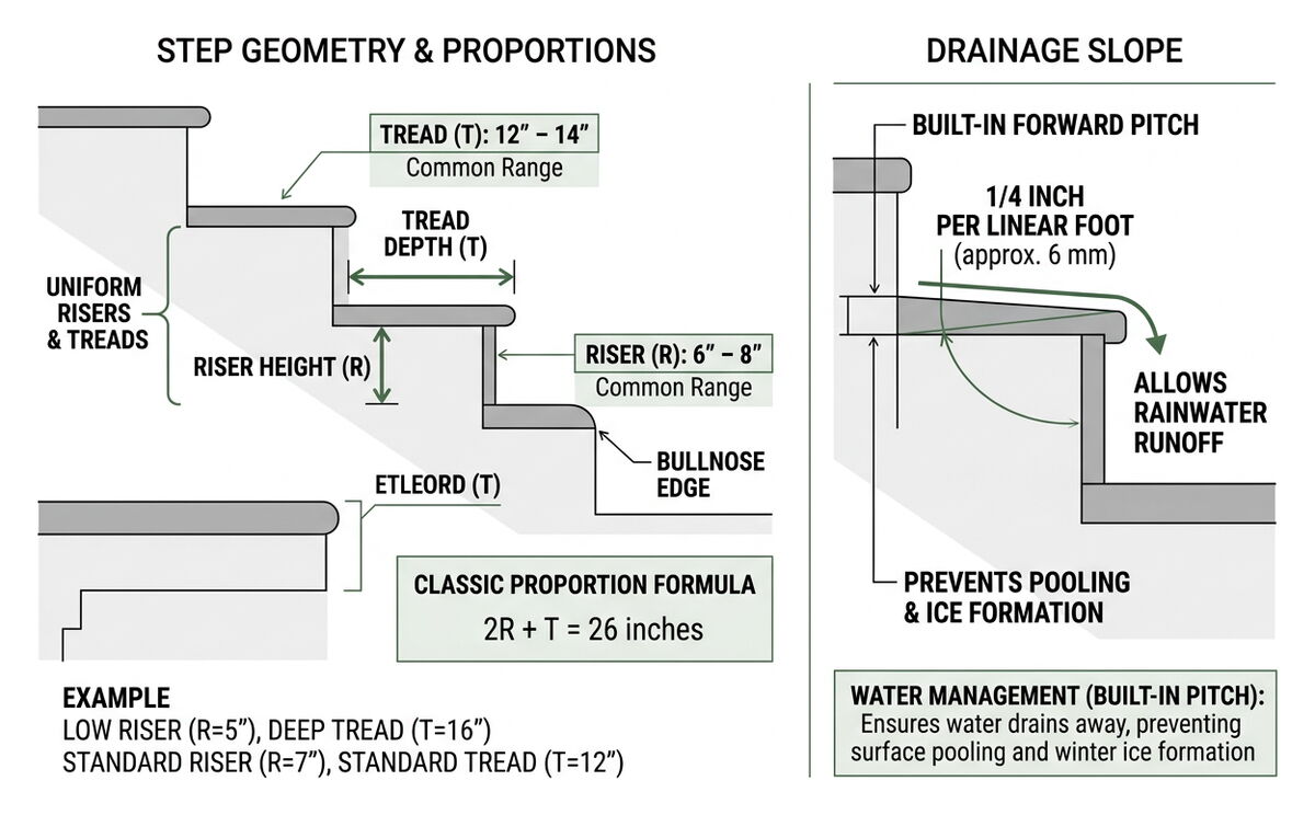 Outdoor stair step geometry and drainage slope cross-section Outdoor stair step geometry and drainage slope cross-section