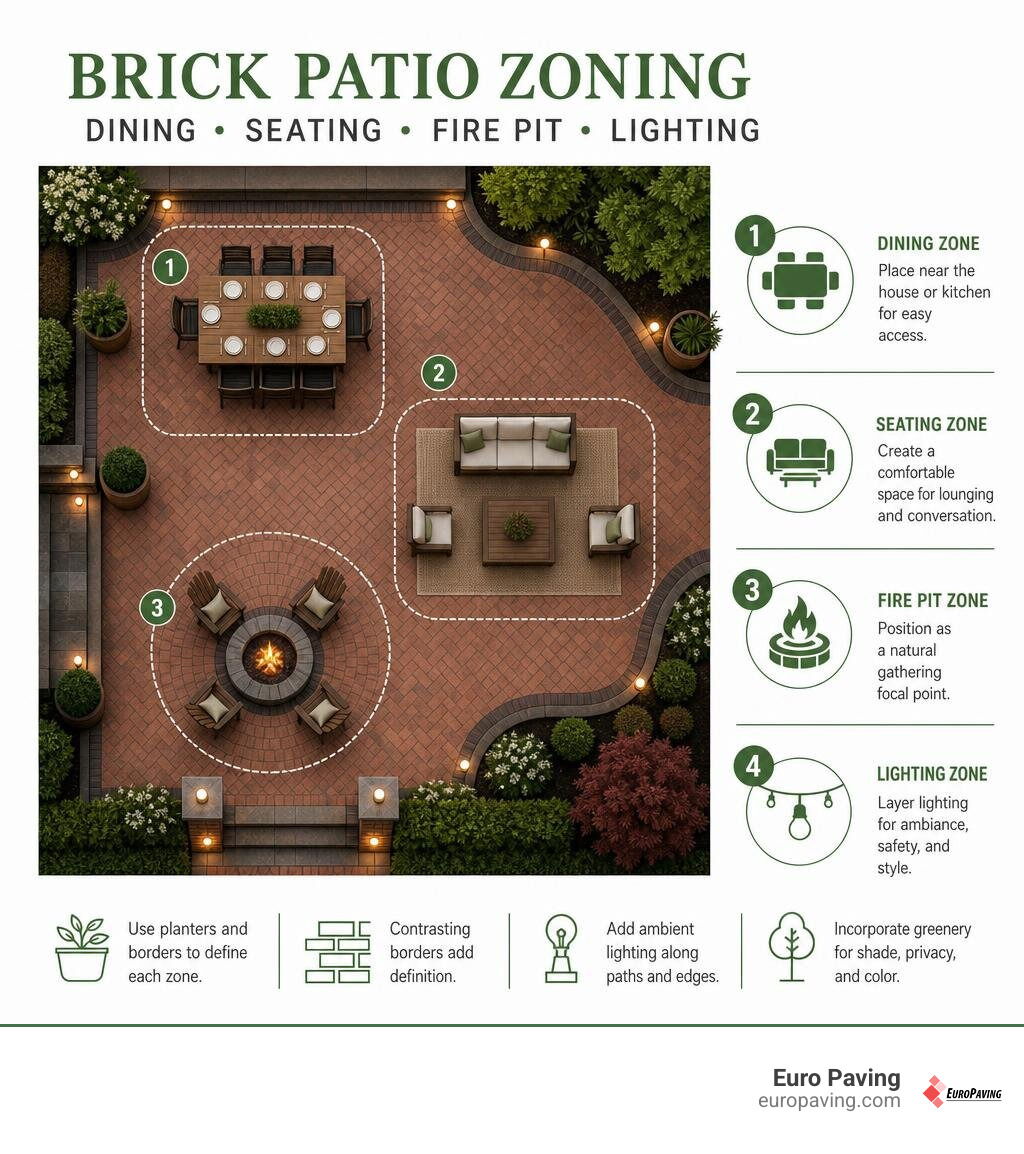 Brick patio zoning for dining seating fire pit and lighting infographic