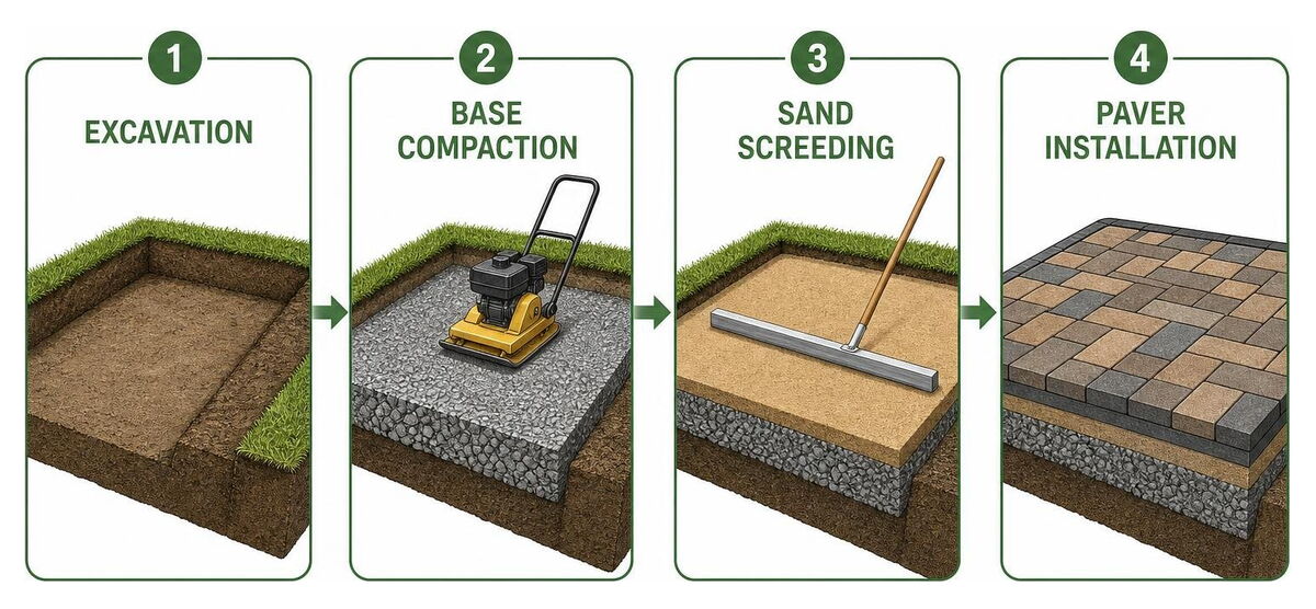 Excavation base compaction sand screeding and paver installation sequence